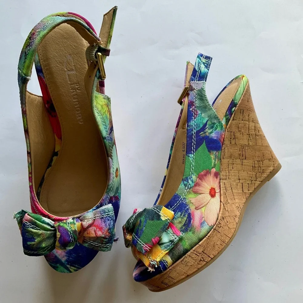 CL by Laundry‎ Imagined Multi Floral Wedge Sandals Cork Heel Peep Toe 6.5 New IB
